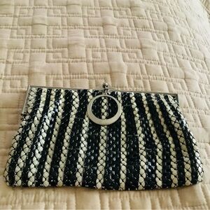 VINTAGE BLACK & WHITE BEADED STRIPED CLUTCH WITH SILVER METAL FRAME & CHARM